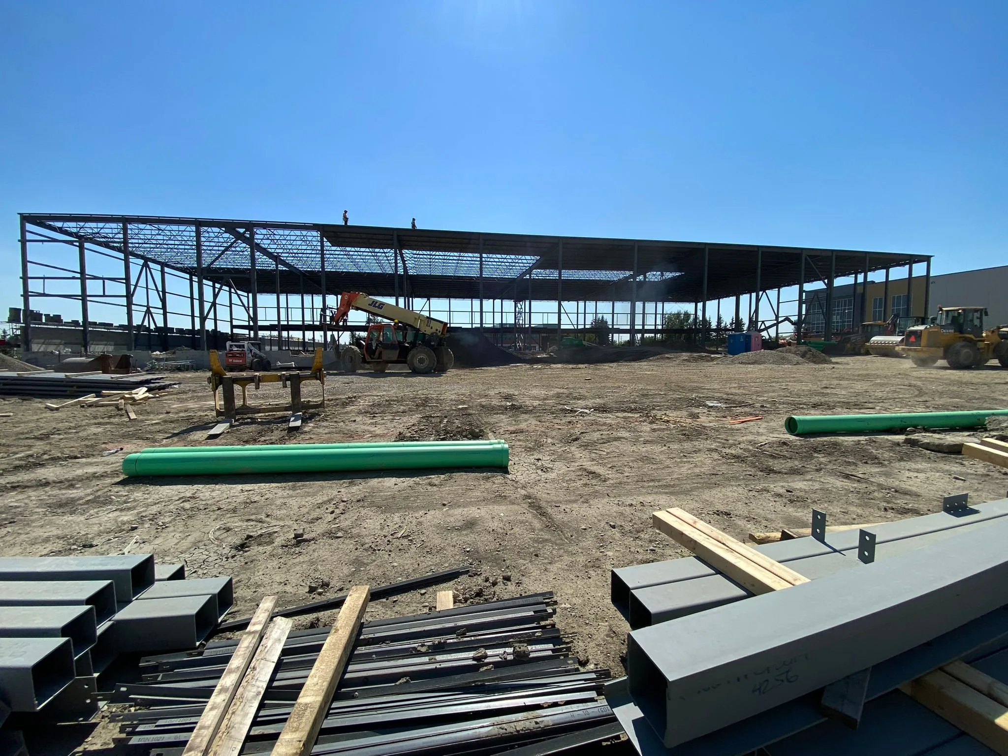 Warehouse structural framing with decking in progress